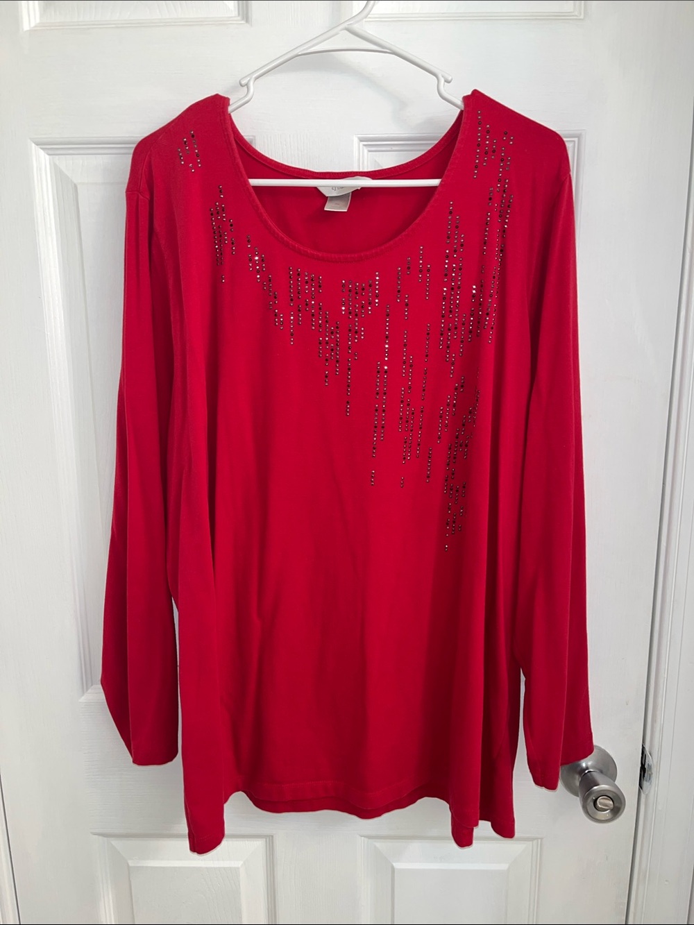 CJ Banks Red Scoop Neck Long Sleeve Top with Rhinestone Accents